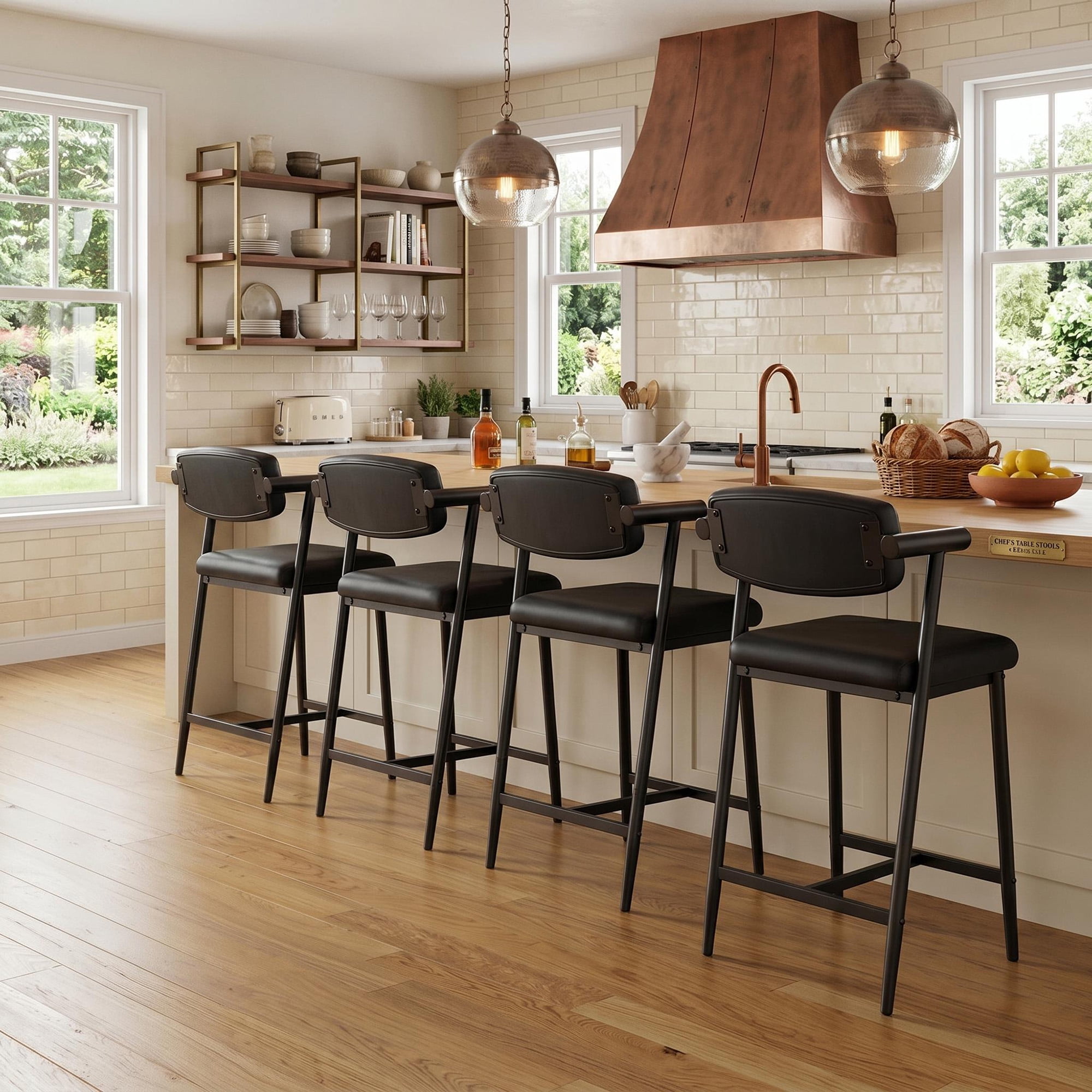 Counter Height Bar Stools Set of 4 with Back and Armrests, 25.59 Inch PU Leather Upholstered Bar Chairs, Metal Base Dining Chairs with Footrest for Kitchen Island Home Bar, Black