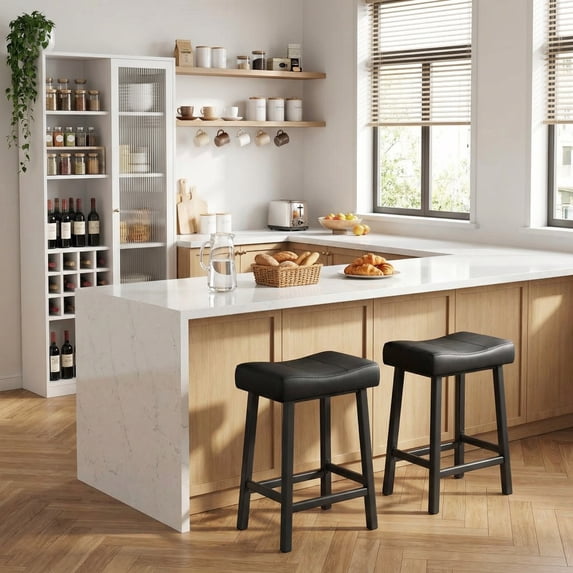 Counter Height Bar Stools Set of 2, PU Leather Barstools with Heavy Duty Metal Legs, Thick Saddle Seats Breakfast Stools for Kitchen Island, Bar, Dining Room, Easy Assembly