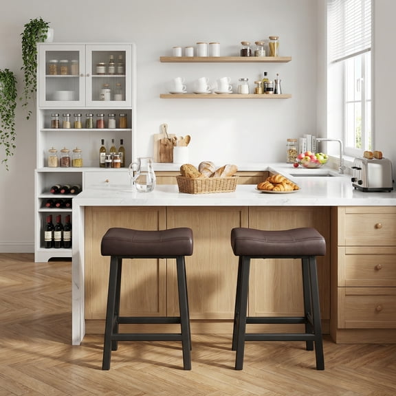 Counter Height Bar Stools Set of 2, PU Leather Barstools with Heavy Duty Metal Legs, Thick Saddle Seats Breakfast Stools for Kitchen Island, Bar, Dining Room, Easy Assembly