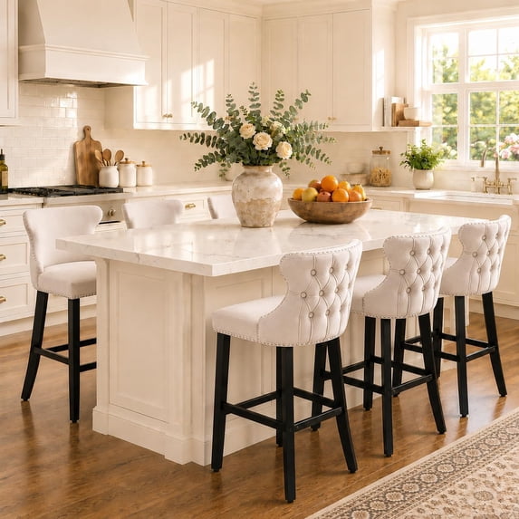 Counter Height Bar Stools Set of 6, Beige Wood Bar Stools for Kitchen Island, Modern Barstools with Button Tufting Back, Sillas para Barra de Cocina, Velvet Island Chairs with Wood Legs (Beige, 6Pcs)