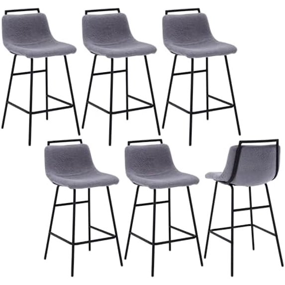 Counter Height Bar Stools Set of 6, Modern Boucle Barstools with Curved Back for Kitchen Island, 27” Seat Height Counter Stools with Black Metal Legs for Home Pub, Gray
