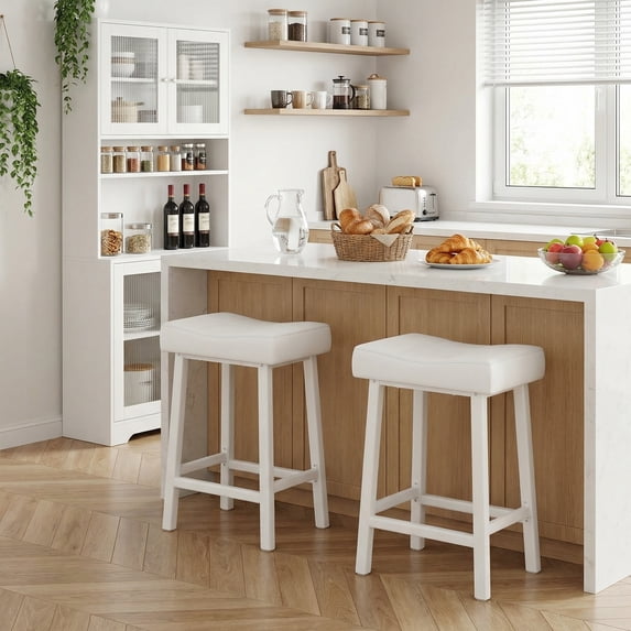 Counter Height Bar Stools Set of 2, PU Leather Barstools with Heavy Duty Metal Legs, Thick Saddle Seats Breakfast Stools for Kitchen Island, Bar, Dining Room, Easy Assembly