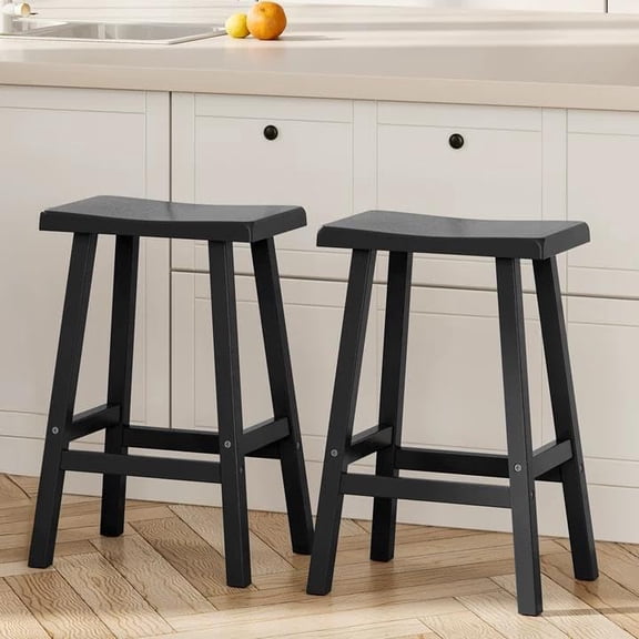 Counter Height Bar Stools Set, Modern Resin Bar Stools with Footrest, Ergonomic Design for Kitchen Island or Cafe, Black (24 Inch, 2 Pcs)