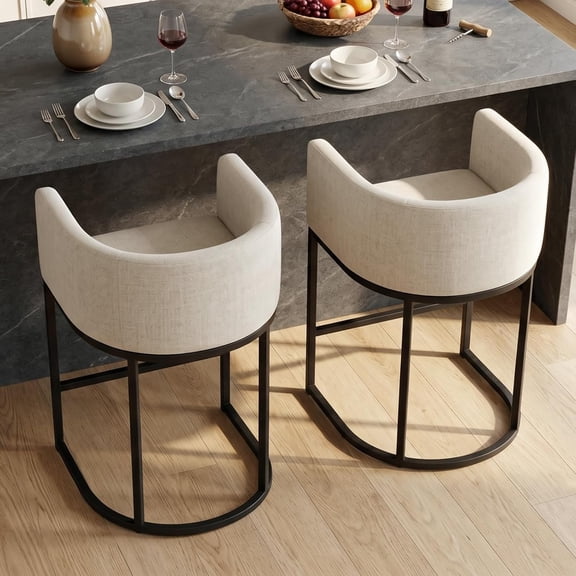 Counter Height Bar Stools Set of 2, 24 Inch Seat Height Upholstered Cotton Linen Barstools with Half Round Barrel Backrest and Metal Legs