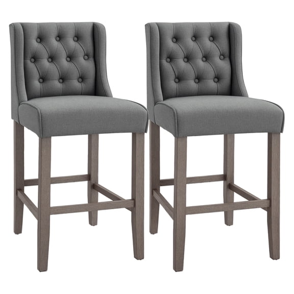 Counter Height Bar Stools Set of 2, 26.25" Tufted Wingback Kitchen Island Chairs, Armless Upholstered Dining Stools with Rubber Wood Legs, Gray
