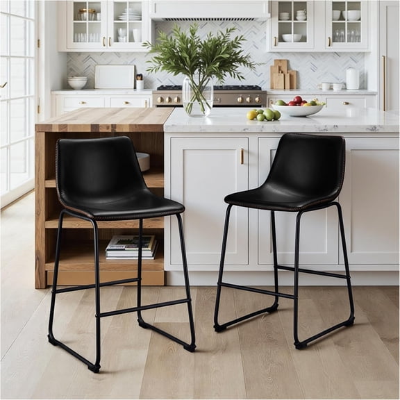 Counter Height Bar Stools Set of 2, 26 Inch Barstools with Back and Metal Leg, Modern Crazy Horse Leather Bar Chairs for Kitchen Island, Black