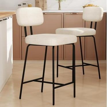 Counter Height Bar Stools Set of 2, 26" White Counter Stools, Upholstered Fabric Kitchen Island Chairs with Back and Metal Leg Footrest