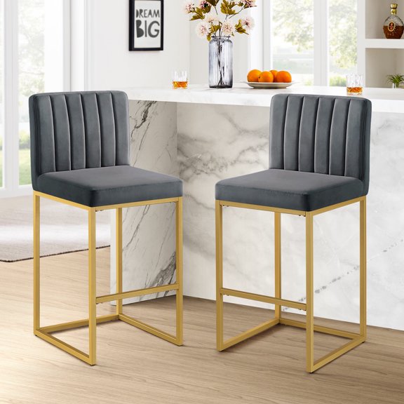 Counter Height Bar Stools Set of 2, 27" Modern Island Bar Stools with Back, Velvet Armless Bar Chairs for Home Office Kitchen Island