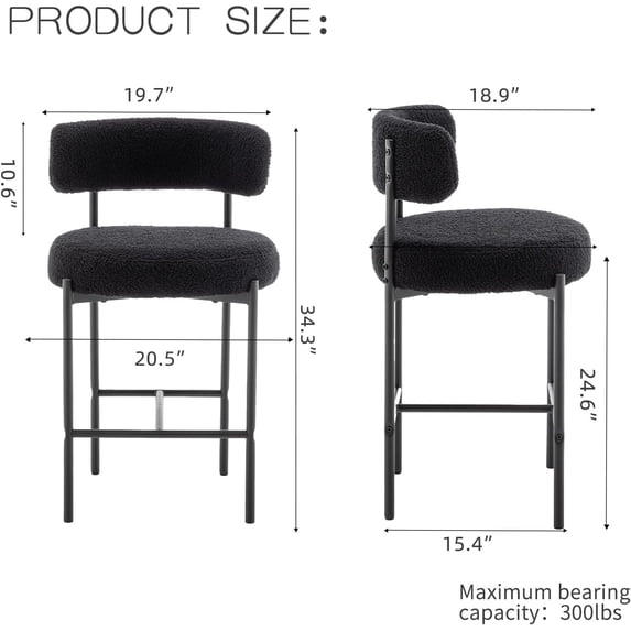 Counter Height Bar Stools Set of 2, Modern Black Boucle Kitchen Island ...