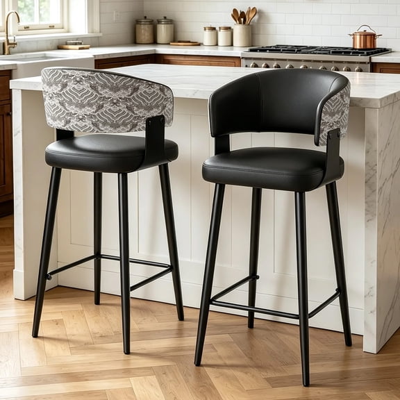 Smudyizi Bar Stools Set of 2, 28.5" Counter Height Bar Stools with Curved Back, Faux Leather Barstools for Home Bar, Kitchen Island