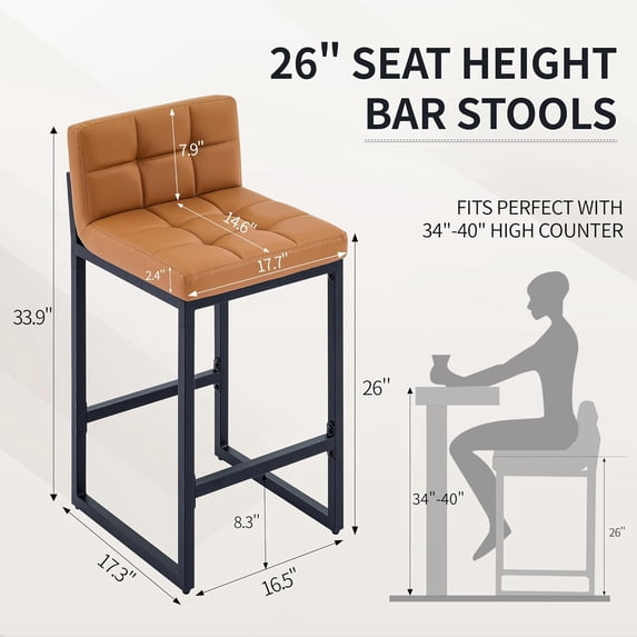 Counter Height Bar Stools Set of 2, Modern Faux Leather with Low Back ...