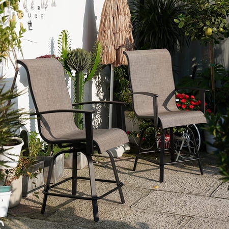 Counter Height Bar Stools, Set of 2 Swivel Dining Chair, Waterproof Mesh Sling Chair for Outdoor, Patio, Backyard, Mixed Coffee