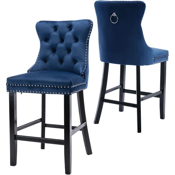 Counter Height Bar Stools Set of 2 Velvet Bar Stools Modern Barstools with Back and Nailhead Trim for Kitchen Island, Cafe, Pub (Blue)