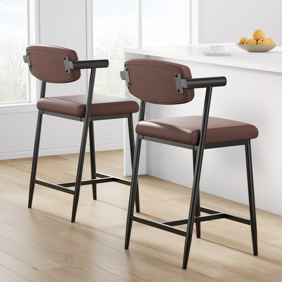 Counter Height Bar Stools Set of 2 With Arms,26" Upholstered Bar Stools With Leather Back,Brown-leather