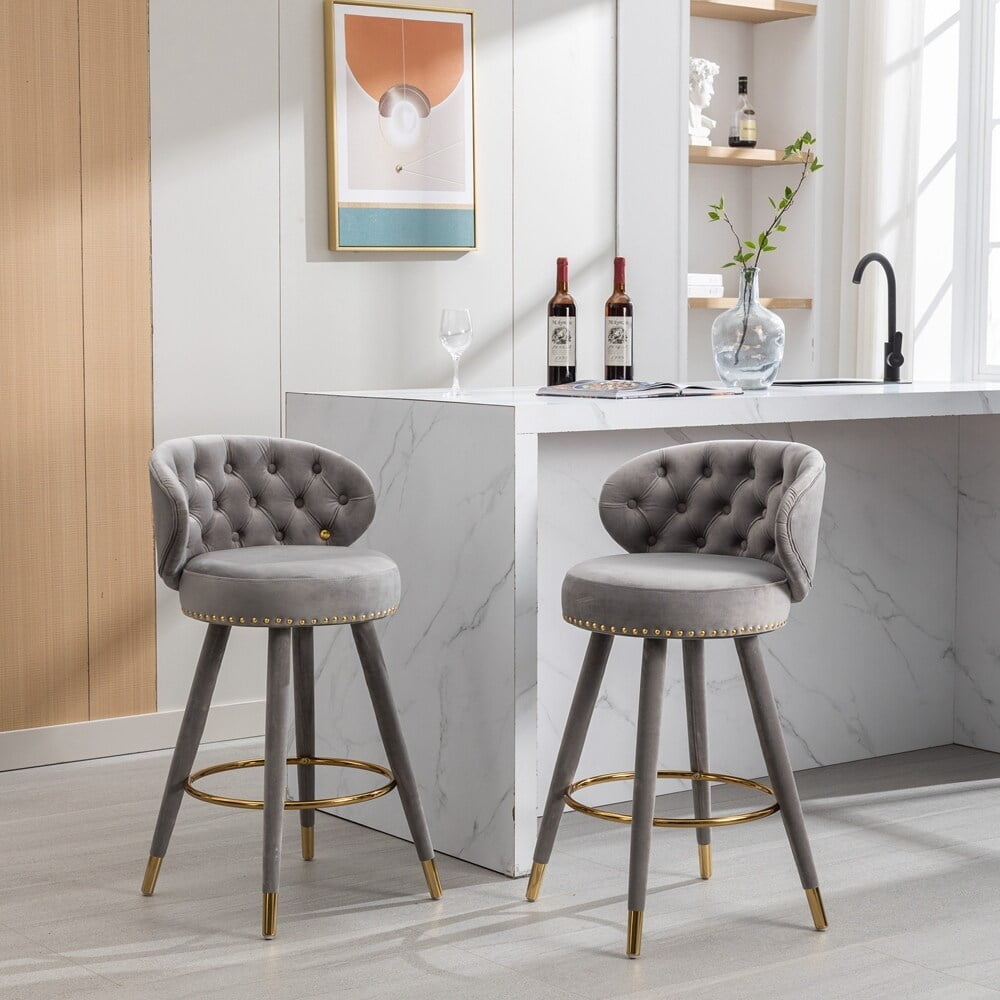 Counter Height Bar Stools Set of 2 for Kitchen Counter Solid Wood Legs with a fixed height of 360 degrees Gray