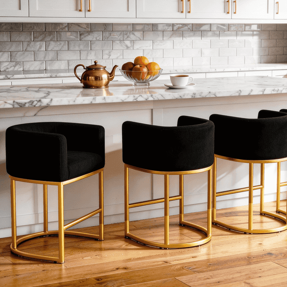 ZHENGCHAUNG Counter Height Bar Stools Set of 3, 26 Inch Counter Stool with Metal Frames, Linen Counter Stools for Kitchen Island, Black Golden Leg