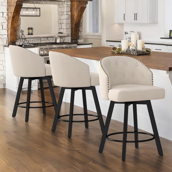 Counter Height Bar Stools Set of 3, 26" Swivel Fabric with Backsfor Kitchen Island, Pub, Linen