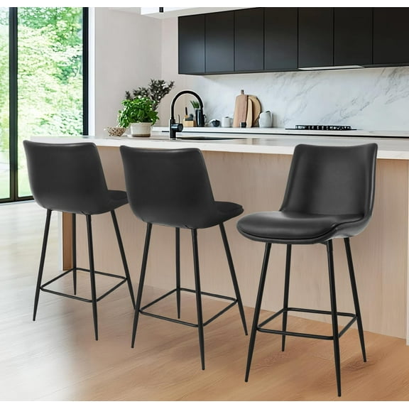 Counter Height Bar Stools Set of 3,FSC Certified Upholstered Faux Leather Bar Stools Set of 3 with Back, Metal Base, 27" Seat Height (Black)