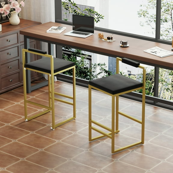 Set of 2 Bar Stools with Backrest & Footrest, Modern Velvet Counter Height Kitchen Island Stools, Gold Metal Frame & Gray Upholstered Dining Chairs for Home & Office