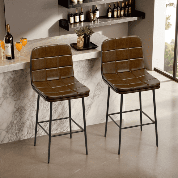 DONICK Counter Height Bar Stools Upholstered PU Metal Legs Kitchen Island Stools(Brown,Set of 2)