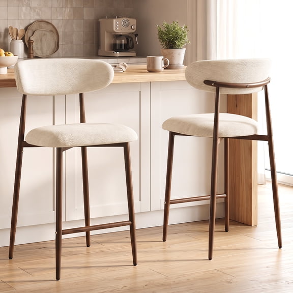 Furniliving Counter Height Bar Stools with Back, Chenille Upholstered Kitchen Stools with Walnut Wood Grain Legs, Set of 2, Beige