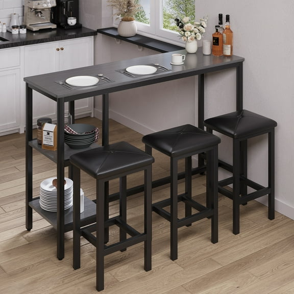 Counter Height Bar Table Set, Modern 4 Piece Dining Table Set, Long Pub Table and 3 Cushioned Stools, 3-Person Dining Table and Stools Set, Kitchen Side Table Set for Breakfast