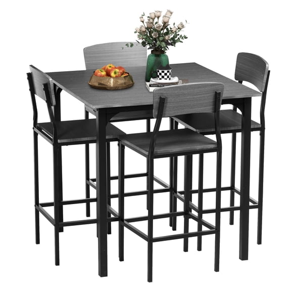Counter Height Bar Table Set for 4, Industrial Kitchen Dining Set with Chairs & Footrest, Space Saving Square Table, Metal Legs, Gray