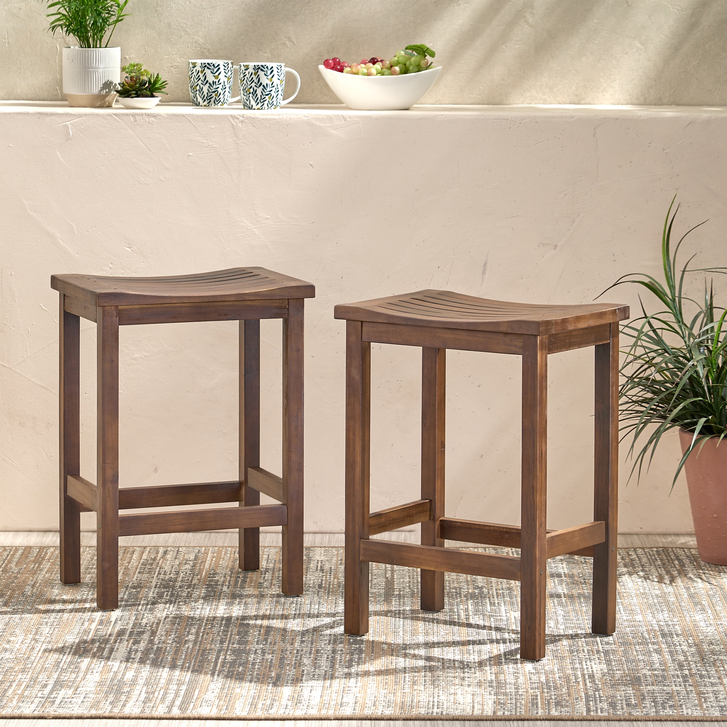 Counter Height Barstool Set of 2, Outdoor Acacia Wood Stool for Patio Bar Kitchen, Mahogany Brown Finish