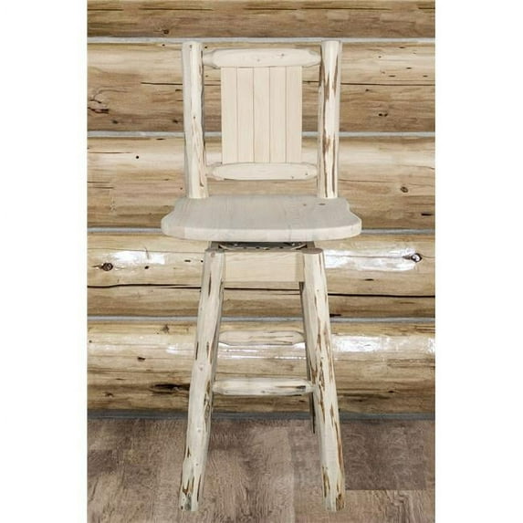 Counter Height Barstool with Back & Swivel with Laser Engraved Pine Tree Design, Clear Lacquer Finish