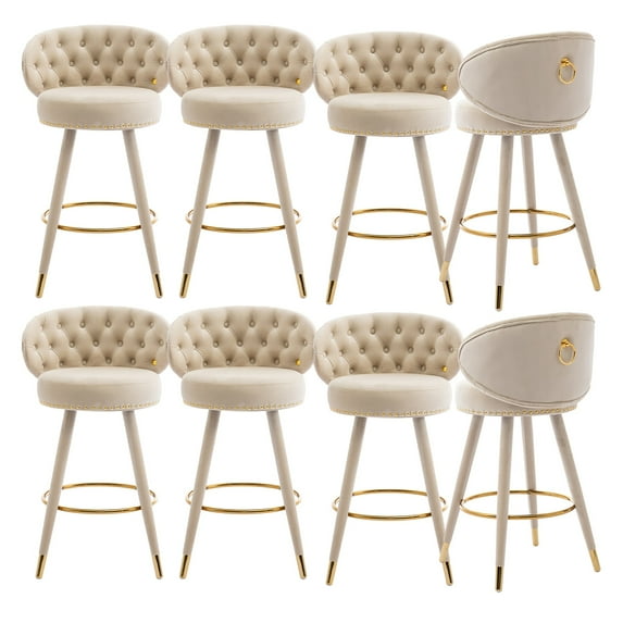 Counter Height Barstools, Bar Stools, Modern Upholstered Bar Stools with Nailhead Trim and Wing Back Bar Chairs, 28 Inch Kitchen Island Bar Chair, Solid Wood Legs(Beige,Set of 8)