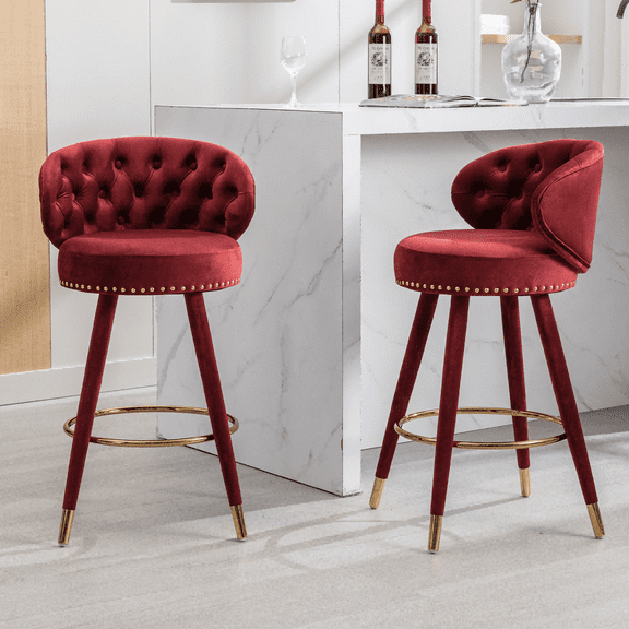 Counter Height Barstools, Bar Stools, Modern Upholstered Bar Stools with Nailhead Trim and Wing Back Bar Chairs, 28 Inch Kitchen Island Bar Chair, Solid Wood Legs(Claret Red,Set of 2)