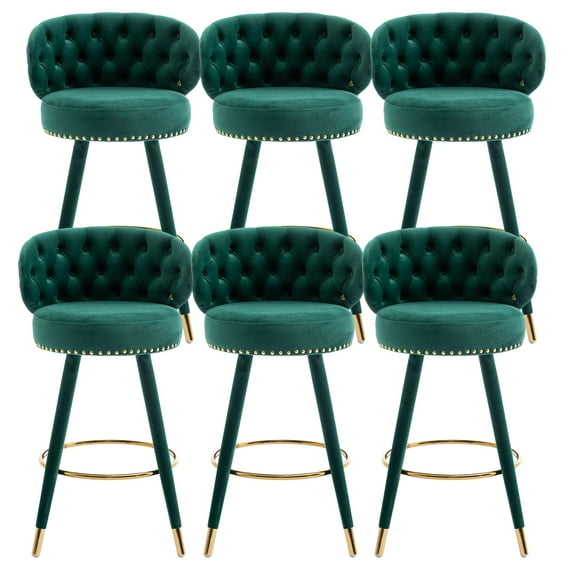 Counter Height Barstools, Bar Stools, Modern Upholstered Bar Stools with Nailhead Trim and Wing Back Bar Chairs, 28 Inch Kitchen Island Bar Chair, Solid Wood Legs(Emerald,Set of 6)