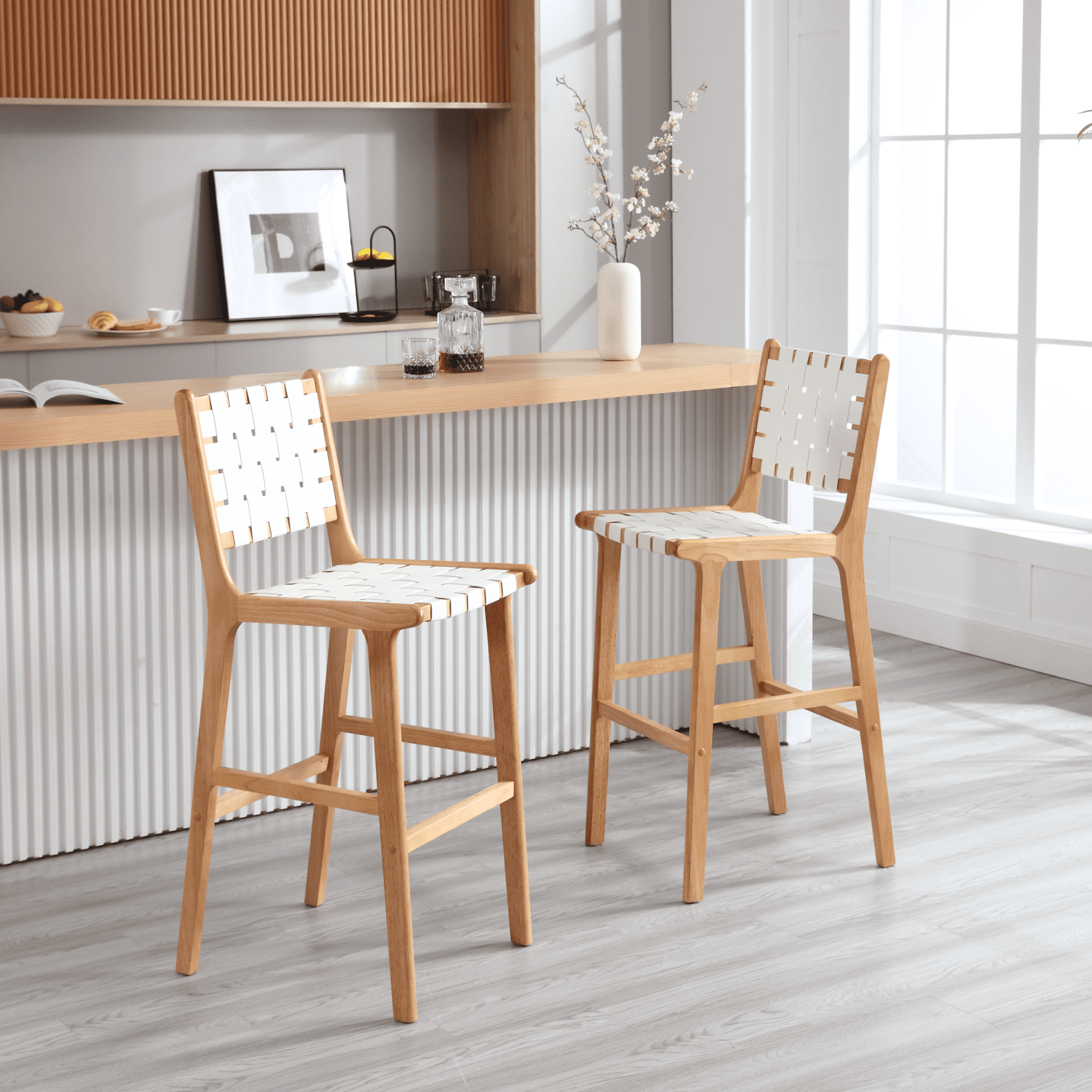 Counter Height Barstools Set of 2, Modern 29.5" Faux Leather Woven ...