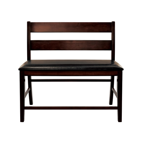Counter Height Bench with Backrest, Cherry Finish Mango Wood Frame and Dark Brown Faux Leather Upholstered Seat, Transitional Dining Room Seating, 44.5" x 20.5" x 42"H, 300lbs Capacity