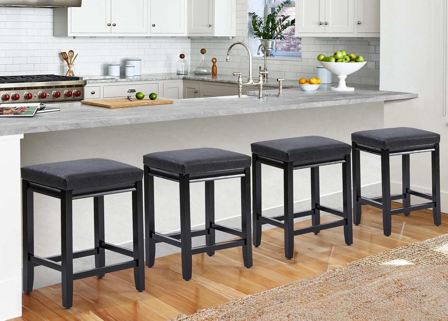 Set Of 4 Elevon Bar Stools - 24 Inch Counter Height, PU Leather Upholstered, Metal Base, Black