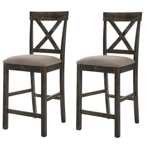 Counter Height Chair (2), Tan Linen Seat, Cross Back Design, Wood Square Leg, Weathered Gray For Bar Of 2 Chairs, Fabric, Style, Kitchen