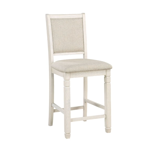 Counter Height Chairs 2pcs Set, Antique White Finish Wooden Dining Chairs, Textured Fabric Upholstered, Country Style Kitchen Bar Stools, Beige Seat