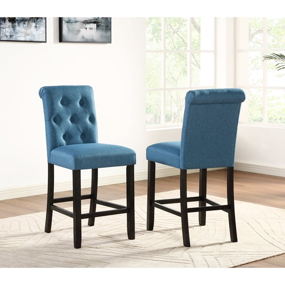 Counter Height Chairs Of 2, Blue With Comfortable Upholstery And Legs Stools, Supportive Backs