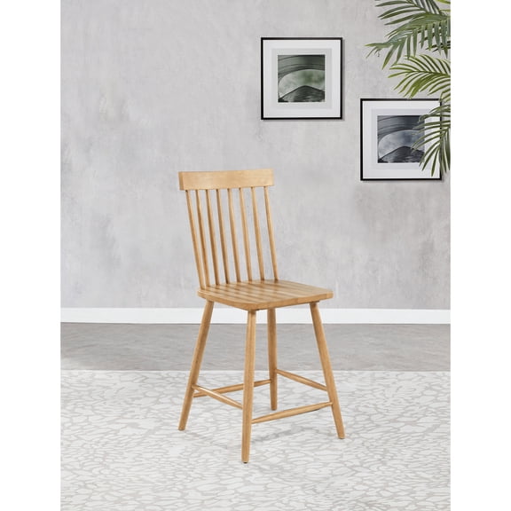 Counter Height Dining Chair Set of 2, Solid Rubberwood Windsor Spindle Back Stools with Built-in Footrest, Light Ash Finish, 43.25"H x 19"W x 22.75"D for Kitchen Counter or Bar Table