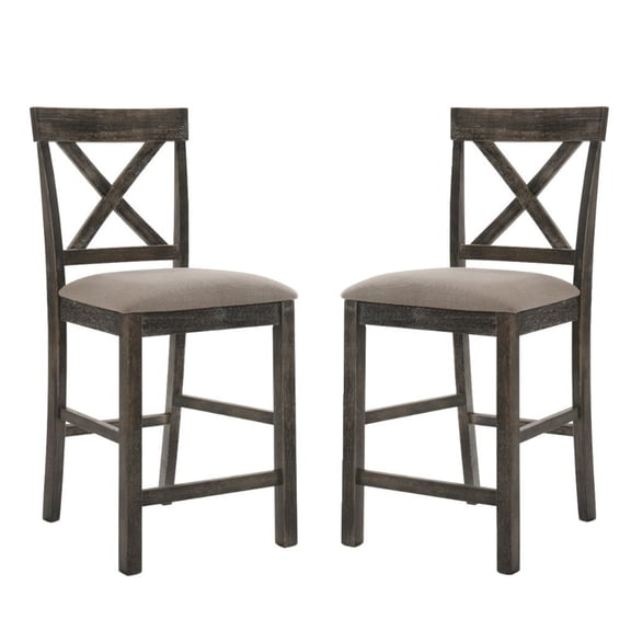 Counter Height Dining Chairs Set of 2, Linen Padded Armless Seats with Rubber Wood X-Backrest and Square Legs, 26" Seat Height, Antique Gray and Tan for Kitchen and Dining Room