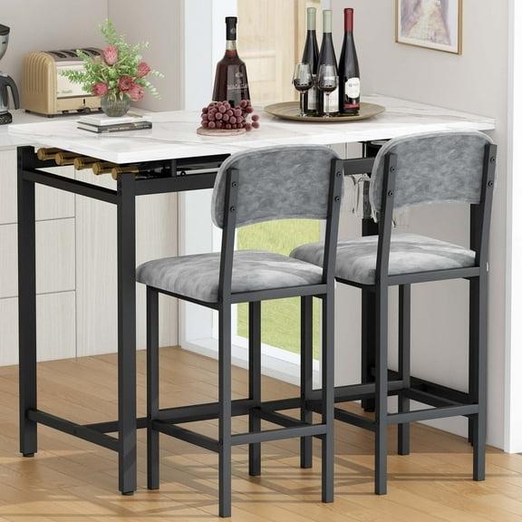 Counter Height Dining Set for 2, 3 Piece Bar Table Set of 3, Kitchen Dining Set with Back 2 Chairs, Modern PubTable and Stools Set, Small Breakfast Nook Table and Chairs Set, Gray