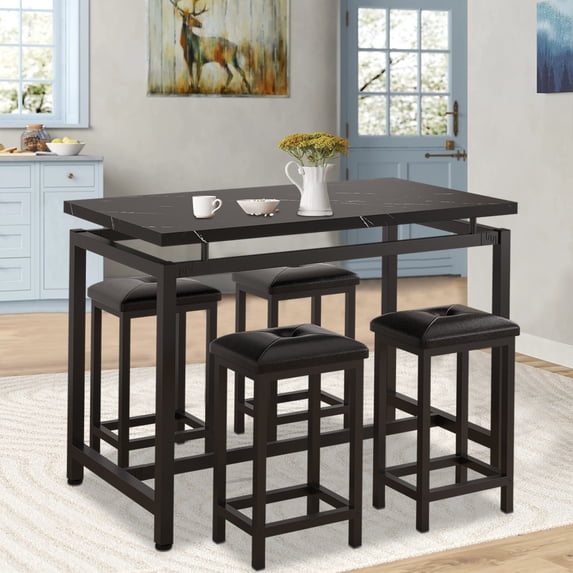 Black Marble Dining Table Set for 4, BTMWAY High Top Bar Table Set with Upholstered Stools, Counter Height Dining Table and Chairs Set for Kitchen, Metal Frame Breakfast Nook Table Set, N240