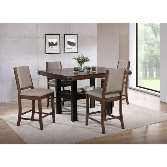 Counter Height Dining Set, 5-Piece Mango Oak Wood and Black Metal Industrial Table with Storage Shelf and 4 Grey Upholstered Chairs, 60" Rectangular Table for Dining Room
