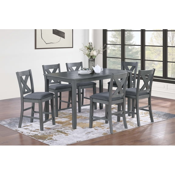 Counter Height Dining Set 7 Piece, Gray Rectangular Table with 6 X-Cross Back Cushioned Chairs, Nailhead Trim Upholstered Seats for Dining Room Kitchen