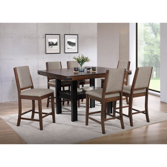 Counter Height Dining Set, 7-Piece Rubberwood Wood Table with Storage Shelf and 6 Upholstered Grey Chairs, Mango Oak and Black Finish, 60" L x 47.75" W, for Dining Room Use
