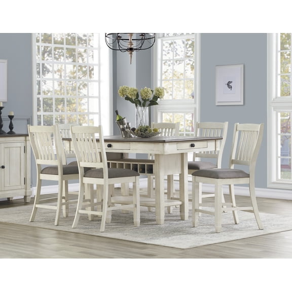 Counter Height Dining Set, 7-Piece Wood Kitchen Table with 6 Gray Fabric Chairs, 4 Drawers, Wine Rack and Storage Shelf, Antique White and Rosy Brown, 40" x 60" for Dining Room