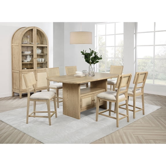 Counter Height Dining Set, Beige Oak Wood 8-Piece Set with 72" Rectangular Table, 6 Upholstered Chairs with Cane Backs and Vitrine Display Cabinet for Contemporary Dining Room