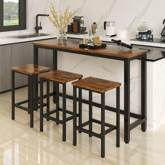 SYNGAR Counter Height Bar Table Set, Modern 4 Pieces Dining Table Set, Long Pub Table and 3 Stools, 3-Person Dining Table and Stools Set, Kitchen Side Table Set for Breakfast, Brown, D6413