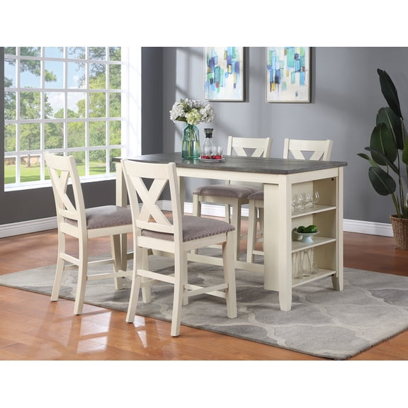 Counter Height Dining Set, Solid Acacia Wood 5-Piece Kitchen Table with Storage Shelves and 4 Upholstered High Chairs, Off White Antiqued Wash Finish, 60" x 30" x 36"H for Dining Room