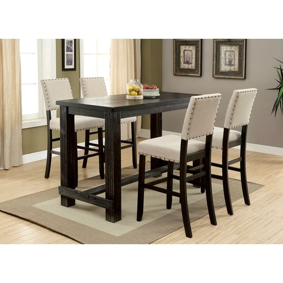 Counter Height Dining Set, Solid Wood 5-Piece Bar Table and 4 Chairs, Antique Black and Ivory Linen Fabric Cushions with Nailhead Trim, 60" Rectangular Table for Dining Room